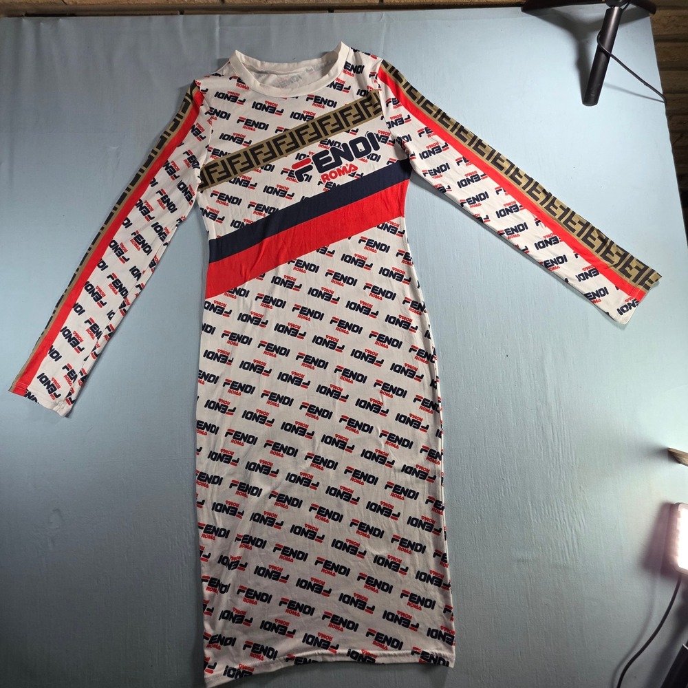 Fendi Mania Fila Collaboration Logo Print Long Sleeve Bodycon Midi Dress White